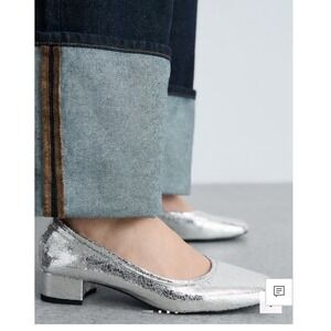 Mango MNG Silver Metallic Cracked Texture Low Block Heel Ballet Pumps EU 36 US 6